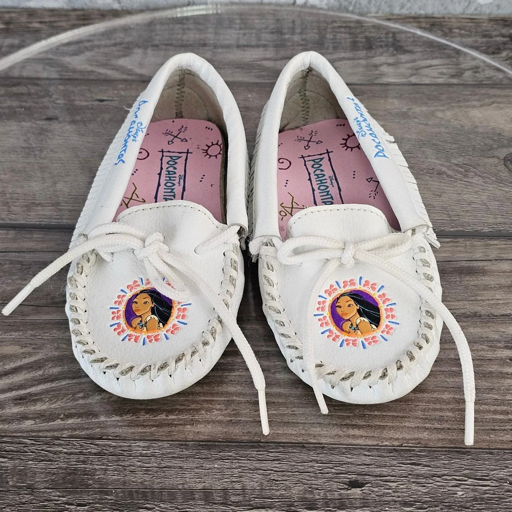 Vintage Disney Pocahontas Moccasins White‎ Leather Fringe Shoes Toddler Girls  7